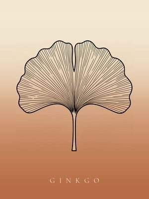 Ginkgo, Japandi Poster mit botanischer Line Art im Verlauf von Creme zu Terrakotta