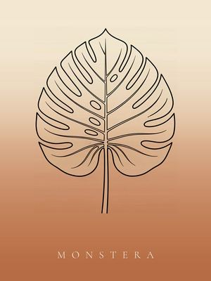 Monstera, Japandi Poster mit botanischer Line Art im Verlauf von Creme zu Terrakotta